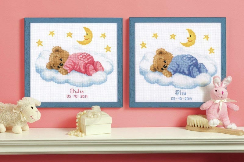 Vervaco Birth Record Teddy on Clouds Counted Cross Stitch Kit, Multi-Colour - Image 1